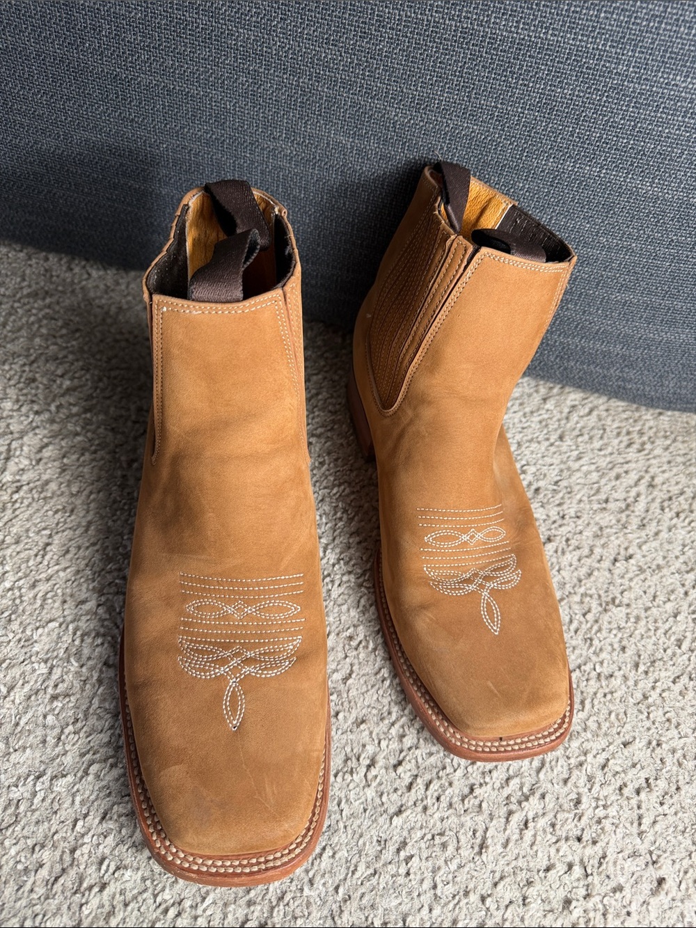 Men's Tan Suede cowboy Boots with Stitch Detail